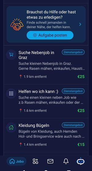 Jobo's home screen on Android: a prompt to post a task above nearby offers, each with its distance and price