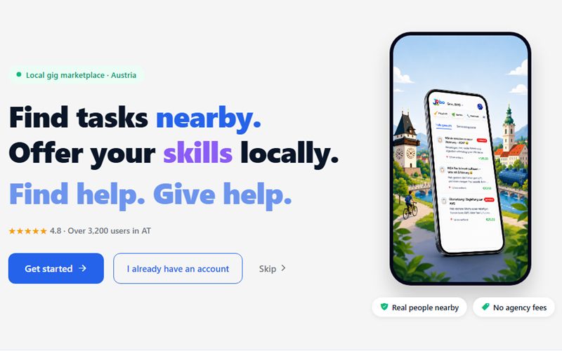 Jobo homepage with the headline “Find tasks nearby. Offer your skills locally.” next to a phone showing nearby tasks