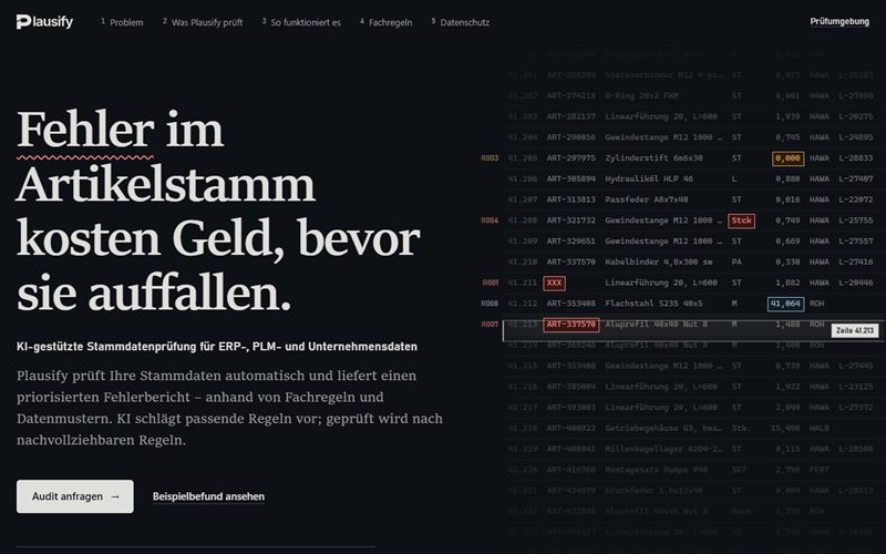 Plausify homepage: “Fehler im Artikelstamm kosten Geld, bevor sie auffallen.” beside a table of article data with flagged errors